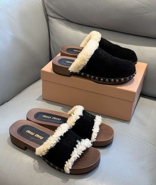 Miu Miu Soft Wool Lined Wooden Sole Clog Slippers