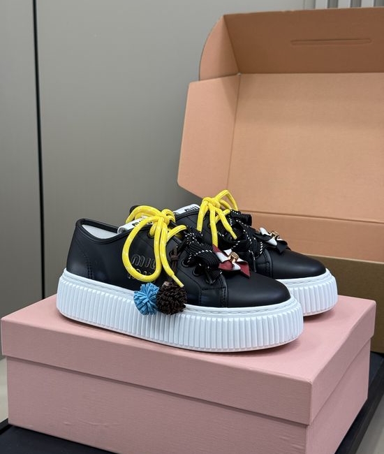 Miu Miu Casual Leather Sneakers with Removable Cute Decor