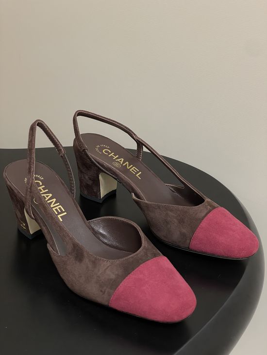 Chanel Classic Suede Slingback Sandals Square Toe Leather Lined