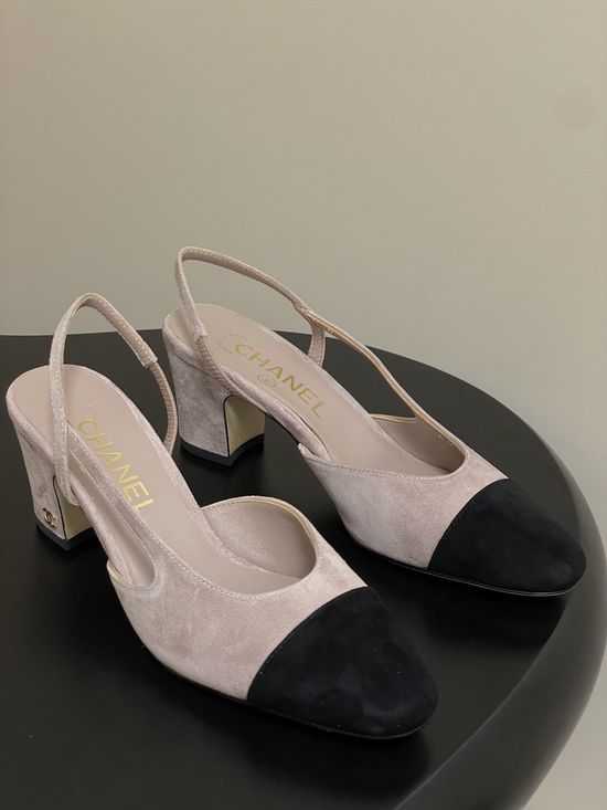 Chanel Classic Suede Slingback Sandals Square Toe Leather Lined