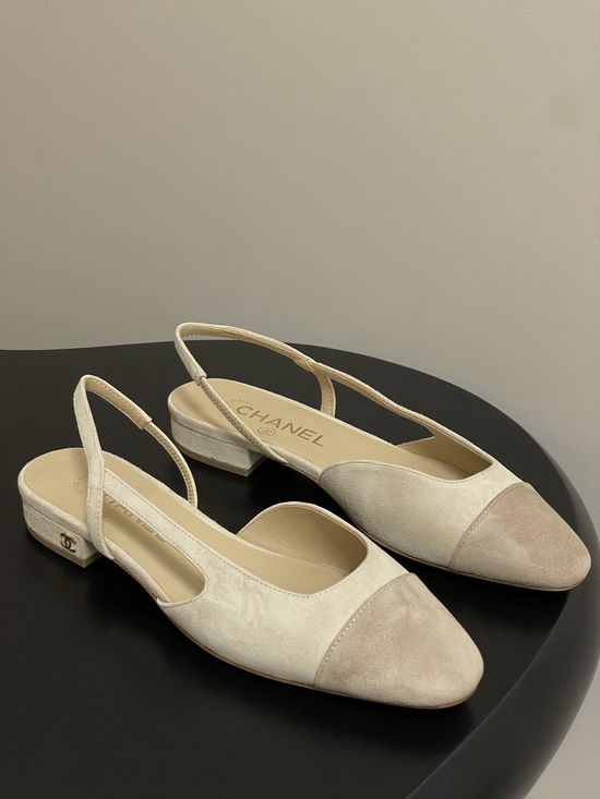 Chanel Classic Suede Slingback Sandals Square Toe Leather Lined