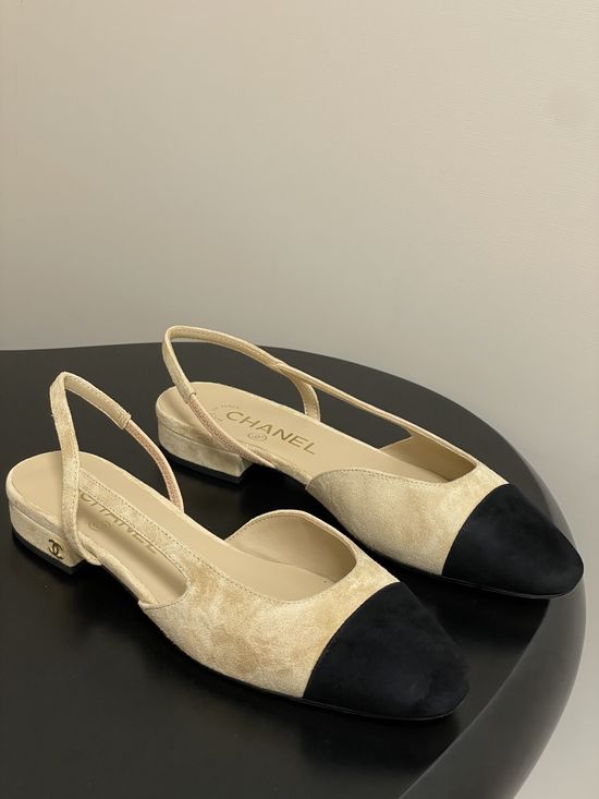 Chanel Classic Suede Slingback Sandals Square Toe Leather Lined