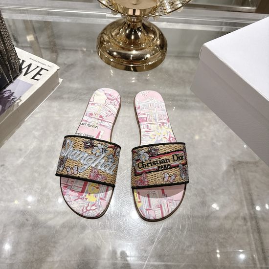 Christian Dior Embroidered Raffia Flat Slides with Double Leather Sole