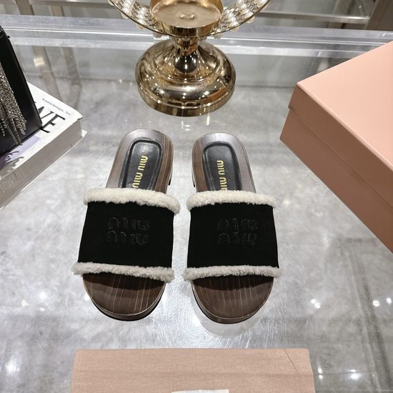 Miu Miu Wool Lined Open Toe Clogs with Wooden Sole