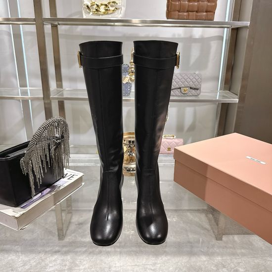 Miu Miu Genuine Leather Block Heel Ankle Boots With Metal Buckle