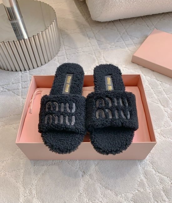 Miu Miu Cozy Wool Lined Slippers Soft Anti-slip Sole Comfortable Daily Wear