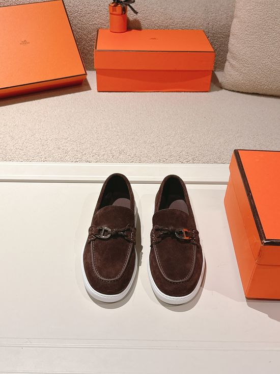 Hermes Genuine Leather Weave Decor Loafer Shoes