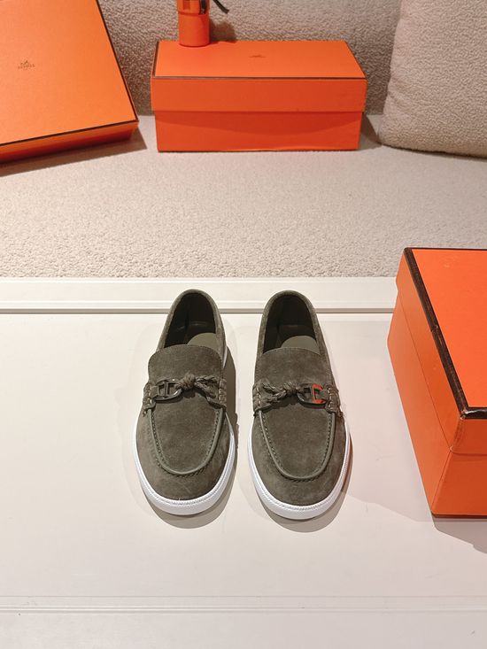 Hermes Genuine Leather Weave Decor Loafer Shoes