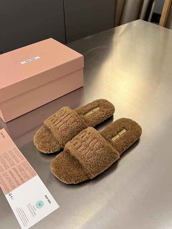 Miu Miu Embroidered Wool Slippers Genuine Leather Logo Anti Slip Sole