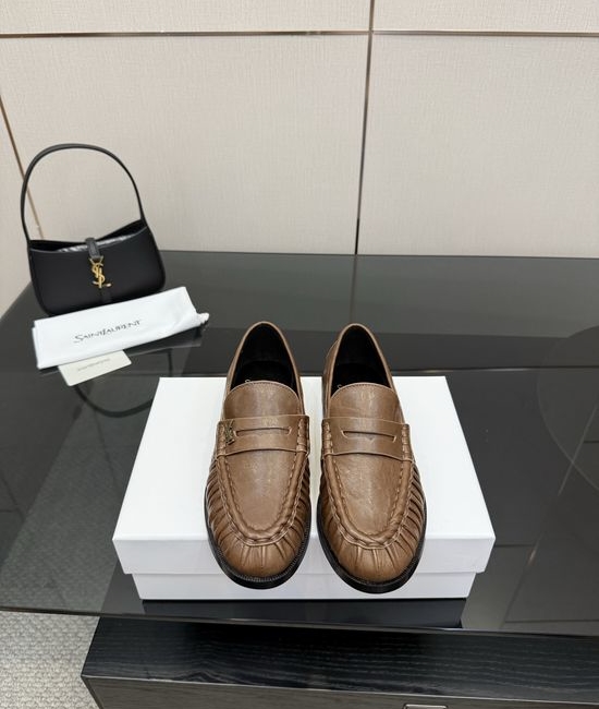 Yves Saint Laurent YSL Classic Small Logo Loafer Shoes Almond Toe Leather Footwear