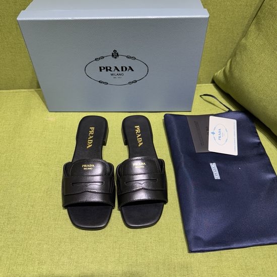 Prada Genuine Leather Slip On Comfort Flat Slides