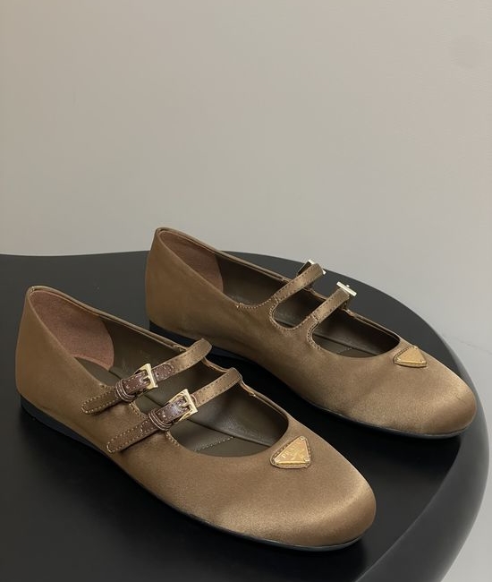Prada Satin Mary Jane Flats with Enamel Logo Accents