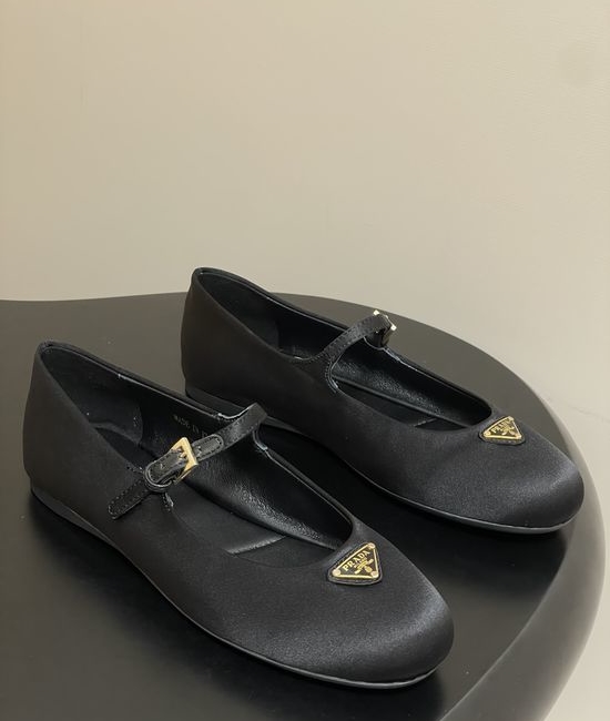 Prada Satin Mary Jane Flats with Enamel Logo Accents