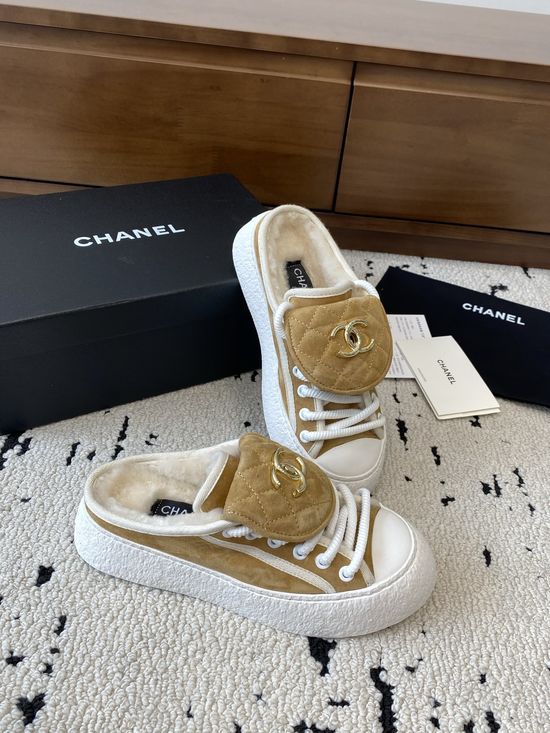 Chanel Warm Shearling Lined Buckle Slip On Slippers
