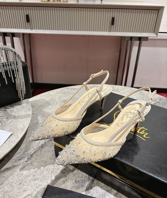 Christian Louboutine Embellished Pointed Toe Mesh Mid Heel Shoes