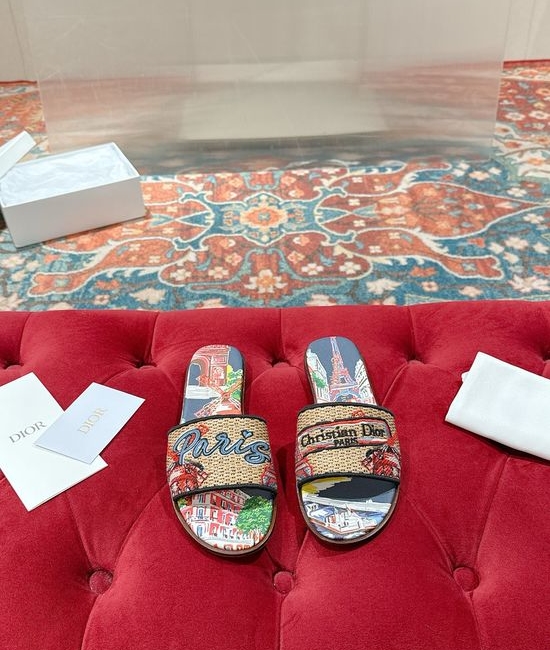 Christian Dior CD Woven Flat Slide Sandals Embroidered Detail Premium Leather Sole