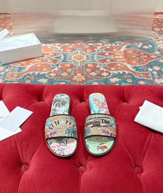 Christian Dior CD Woven Flat Slide Sandals Embroidered Detail Premium Leather Sole