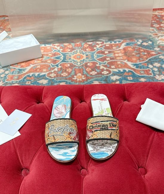Christian Dior CD Woven Flat Slide Sandals Embroidered Detail Premium Leather Sole
