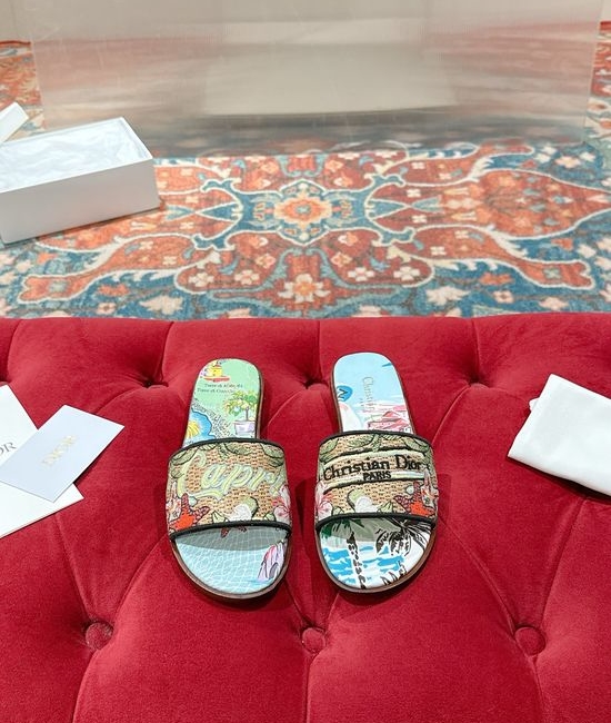 Christian Dior CD Woven Flat Slide Sandals Embroidered Detail Premium Leather Sole