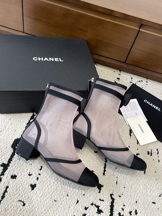 Chanel Bow Embroidered Mesh Mid Calf Ballet Boots Soft Insole