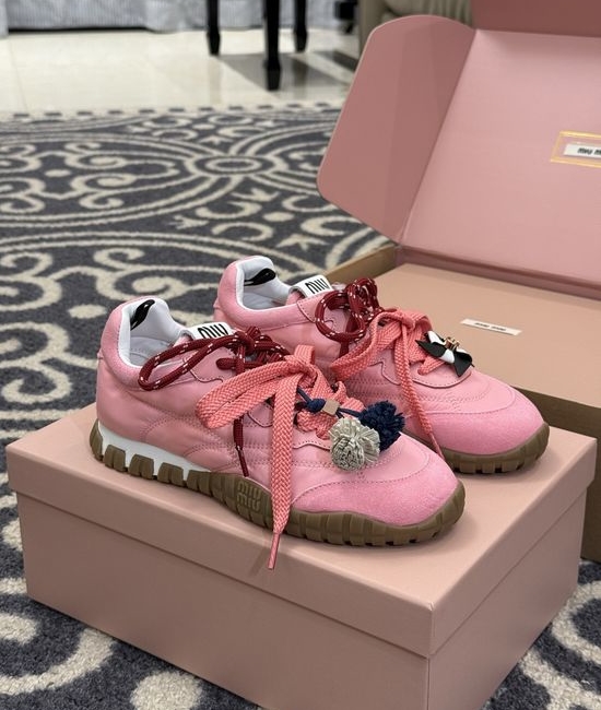 Miu Miu Pink Chunky Sneakers Suede Fabric Mixed Upper