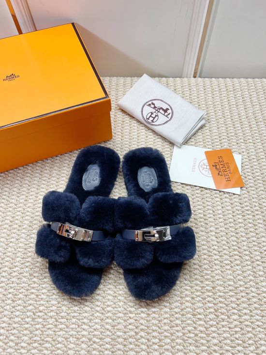 Hermes Navy Shearling Fur Lined Flat Slide Slippers