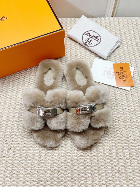 Hermes Curly Shearling Fur Lined Flat Slide Slippers
