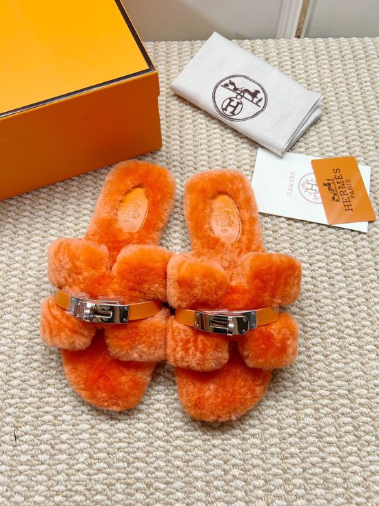Hermes Orange Genuine Shearling Flat Slip On Slippers