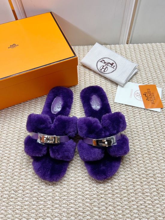 Hermes Purple Genuine Shearling Flat Slip On Slippers