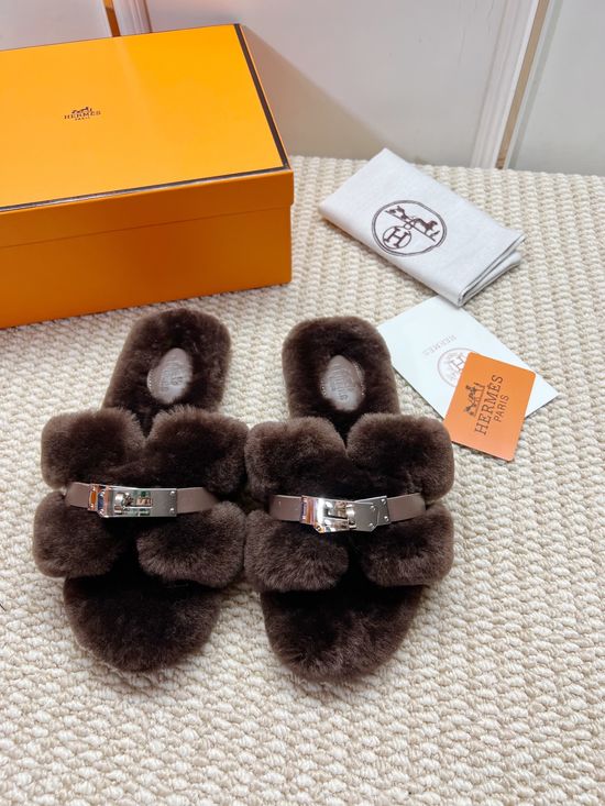 Hermes Dark Coffee Genuine Shearling Flat Slip On Slippers