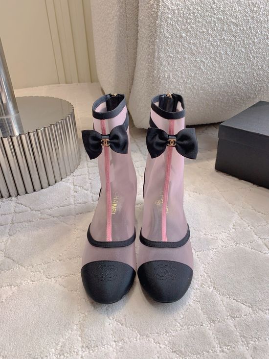 Chanel Bow Mesh Leather Ankle Boots Genuine Leather Outsole