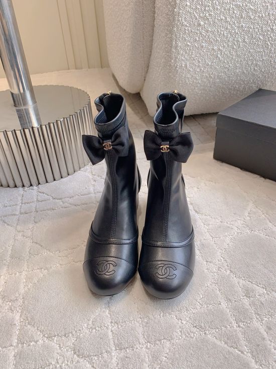 Chanel Bow Mesh Leather Ankle Boots Genuine Leather Outsole