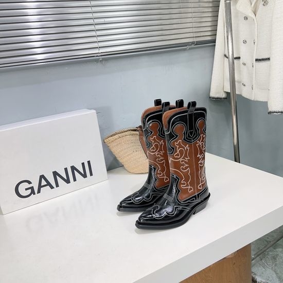 Ganni Embroidered Pointed Toe Mid-Calf Western Boots