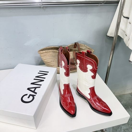 Ganni Embroidered Pointed Toe Mid-Calf Western Boots