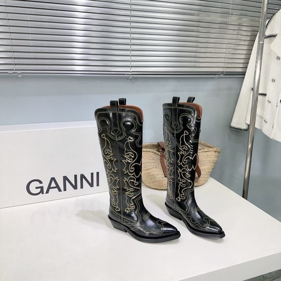 Ganni Embroidered Pointed Toe Knee-High Western Boots