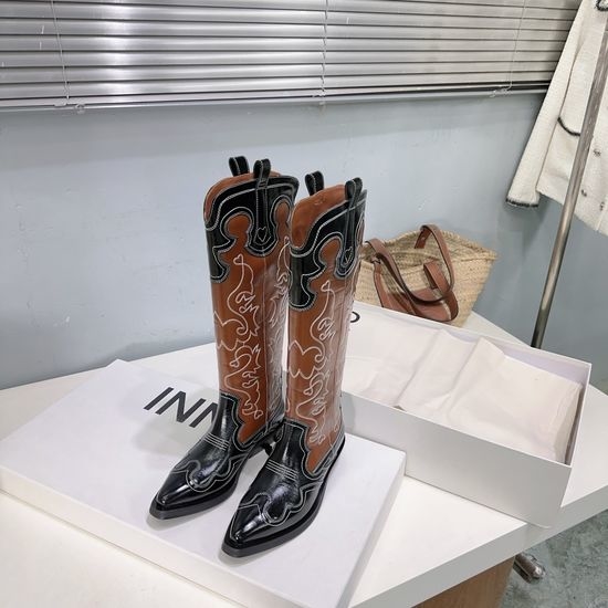 Ganni Embroidered Pointed Toe Knee-High Western Boots