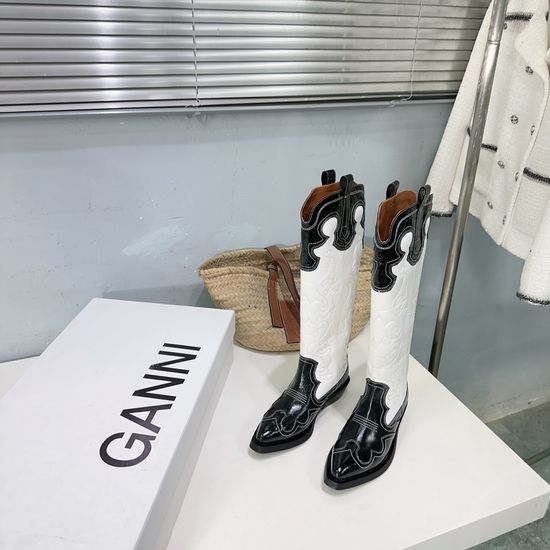 Ganni Embroidered Pointed Toe Knee-High Western Boots