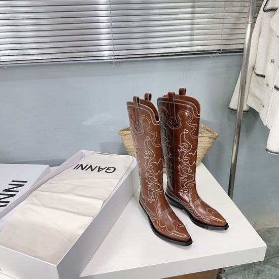 Ganni Embroidered Pointed Toe Knee-High Western Boots