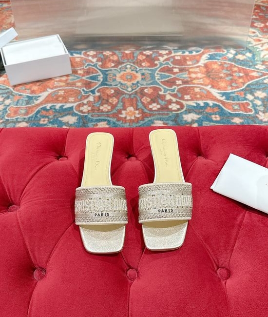 Christian Dior CD Embroidered Raffia Flat Slide Sandals Casual Comfortable Footwear