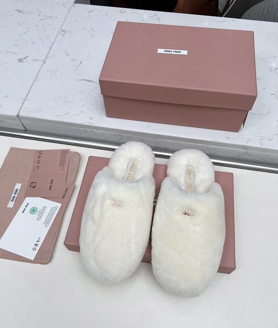 Miu Miu Wool Lined Peep Toe Fluffy Slippers Lightweight Anti-slip Shoes