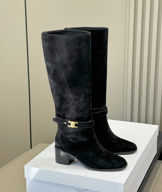Celine Knee High Leather Boots Low Heel Comfortable