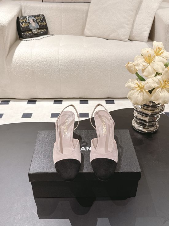 Chanel Slingback Block Heel Sandals Cashmere Upper Leather Sole