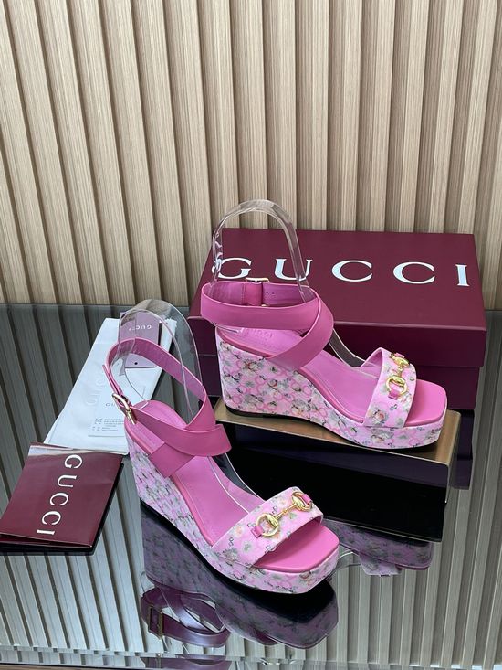 Gucci Floral Print Square Toe Platform Wedge Sandals
