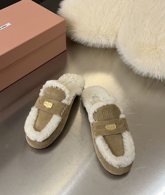 Miu Miu Suede Mule Slippers Wool Lining Non Slip Comfort Loafers
