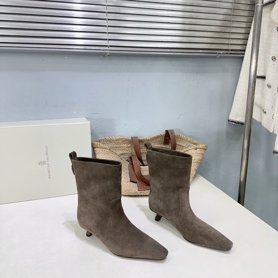 Brunello Cucinelli Kitten Heel Square Toe Ankle Boots Soft Leather Lining