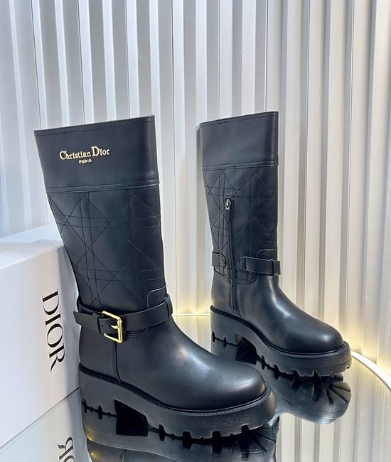 Christian Dior CD Embroidered Mid Calf Leather Biker Boots with Buckle
