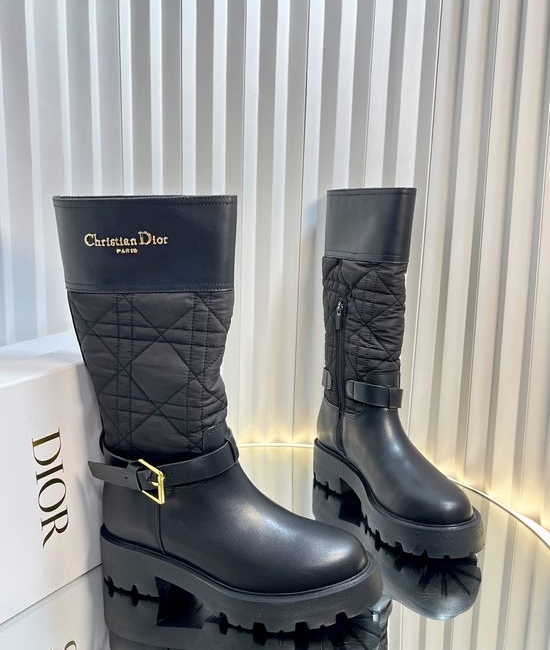 Christian Dior CD Embroidered Mid Calf Leather Motorcycle Boots