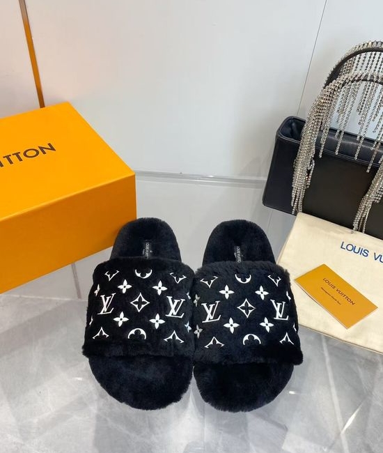 Louis Vuitton LV Monogram Wool Slippers Plush Lining Non-slip Cozy Indoor Footwear