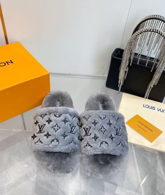 Louis Vuitton LV Monogram Wool Slippers Plush Lining Non-slip Cozy Indoor Footwear