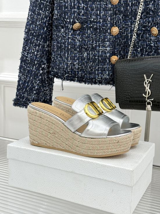 Christian Dior Buckle Decor Espadrille Wedge Slides Comfortable Non-slip